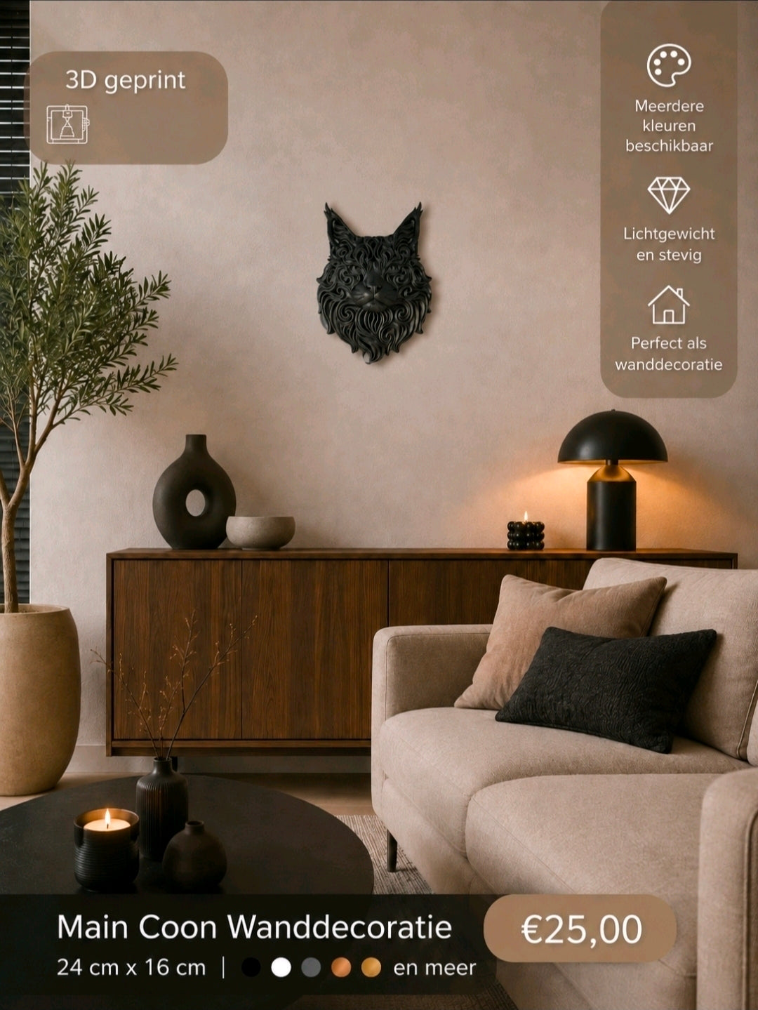 3D-geprinte Maine Coon wanddecoratie